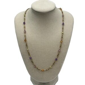 LR Gold Tone Multi Gemstone Artisan Hand Wrapped Beaded Station Necklace 18"